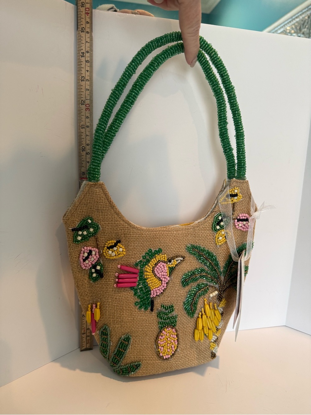 * Natural Burlap Shoulder Bag with Multicolored Beaded Tropical Motif